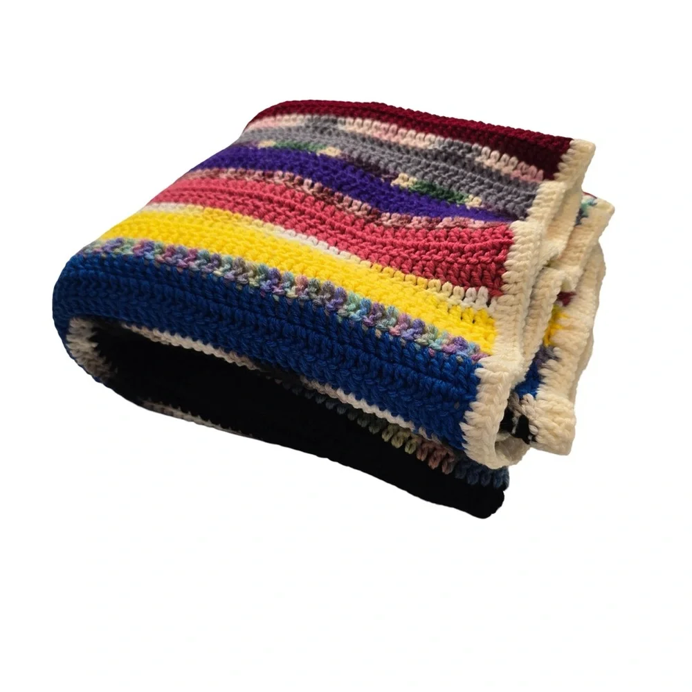 Handmade Crochet Afghan Blanket Boho‎ Colorful Stripe 48x50